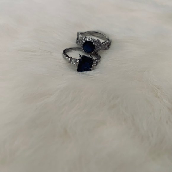 Two Silver Tone Fashion Rings with Blue and Clear Stone - Rectangle and Round - Picture 2 of 16